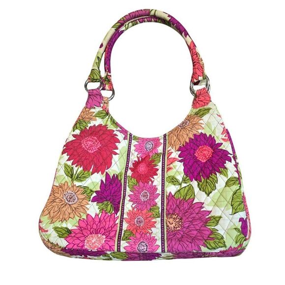 Floral Quilted Shoulder Bag Bold Bright Blooms & Front Zipper Pocket - Picture 1 of 8